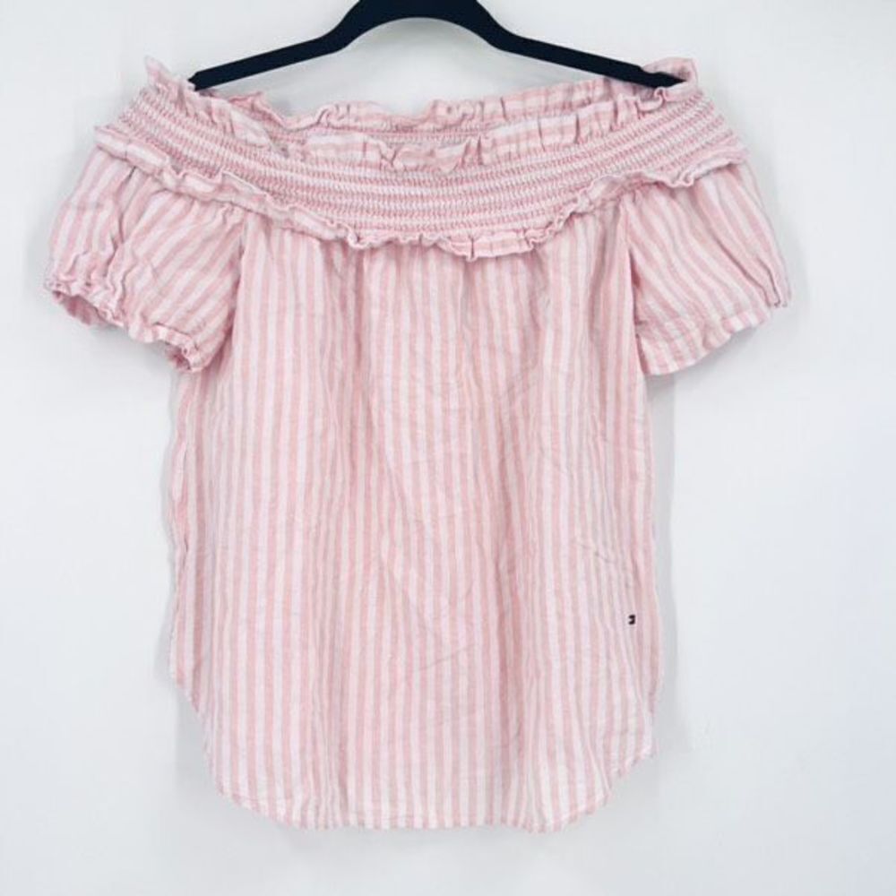 Tommy Hilfiger Pink White Striped Linen Blend Off Shoulder Ruffle Trim Top XS‎